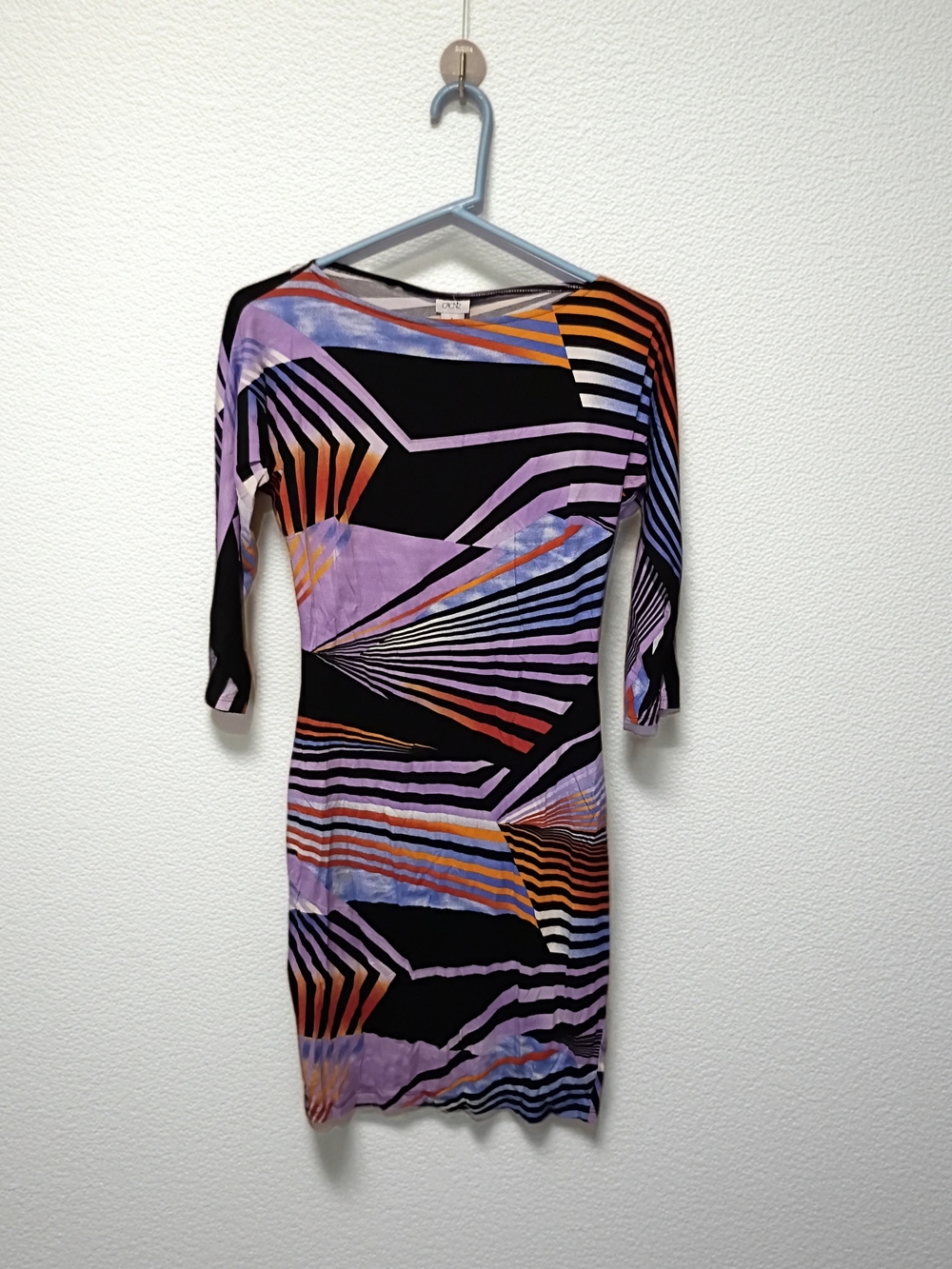 Cache Black Geometric Stripe Long-Sleeve Dress with Lavender and Orange Accents